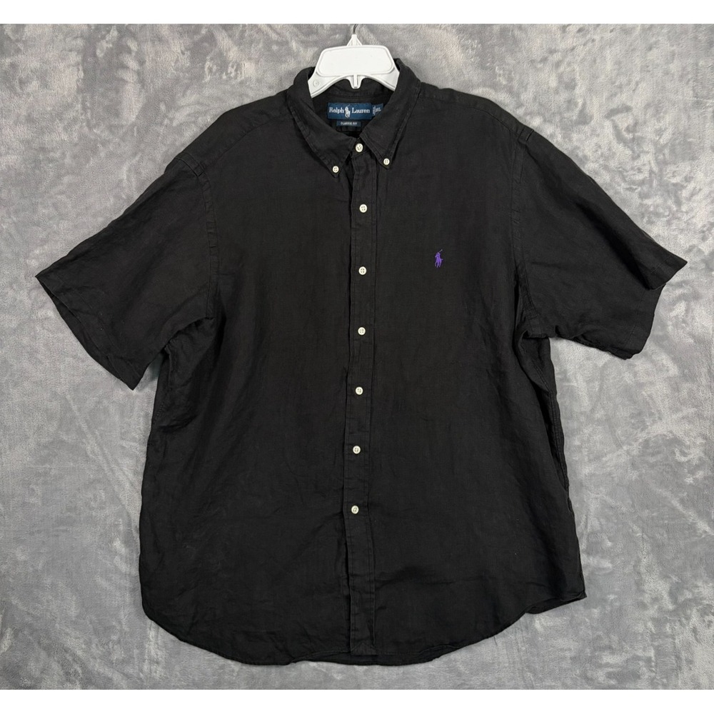 Polo Ralph Lauren Linen Button Down Shirt Men 2XL Black Short Sleeve Purple Pony